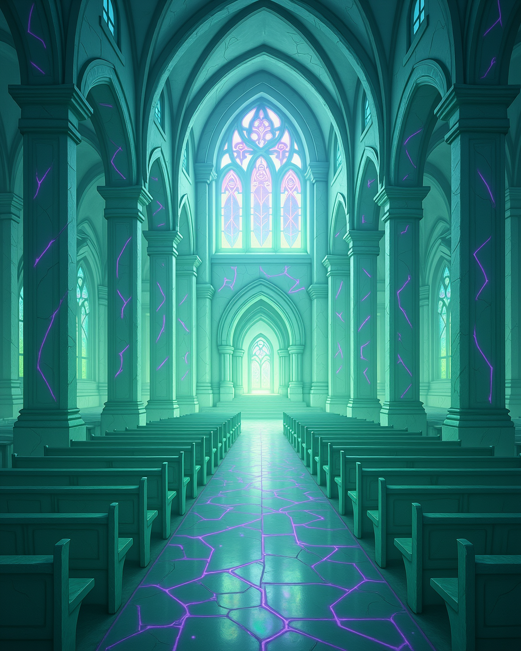 Architecture after the corruption — beautiful, structural, wrong A Glassborne cathedral with cracked pillars revealing uranium-green light within
