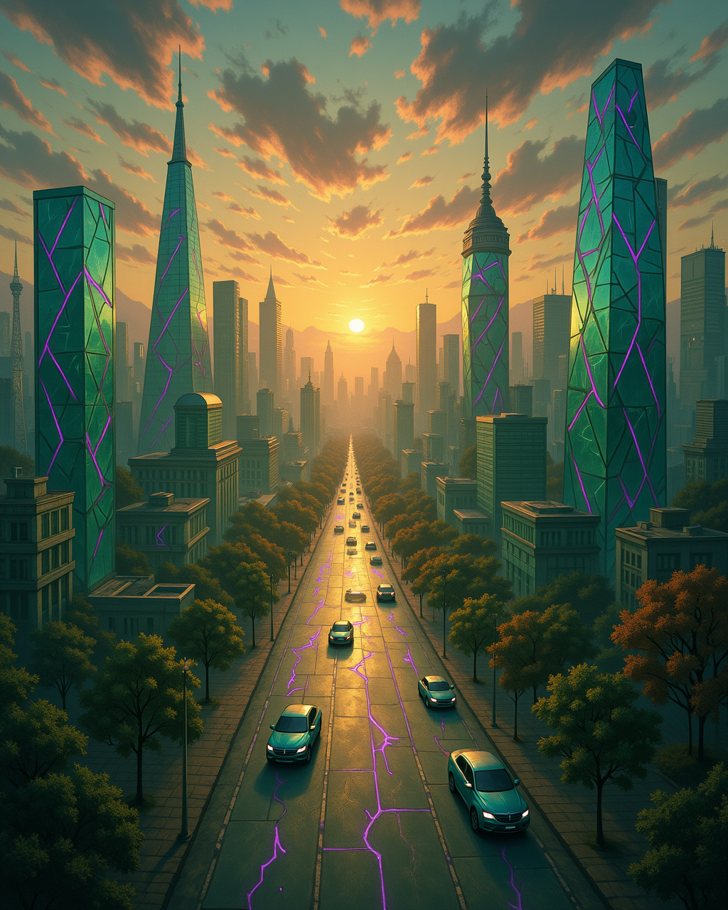 What if your city was secretly growing crystals? A Glassborne cityscape at sunset — skyscrapers cracked with purple fissures, roads veined with violet light