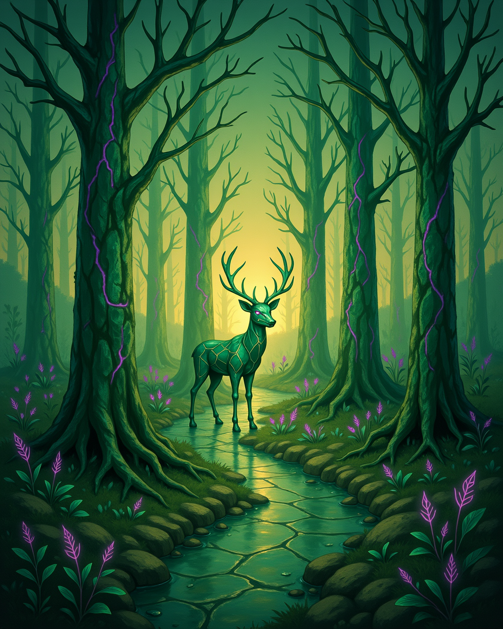 The Glassborne forest — where even the deer are geological formations A crystalline deer stands in an enchanted forest, its body veined with green light and purple fractures