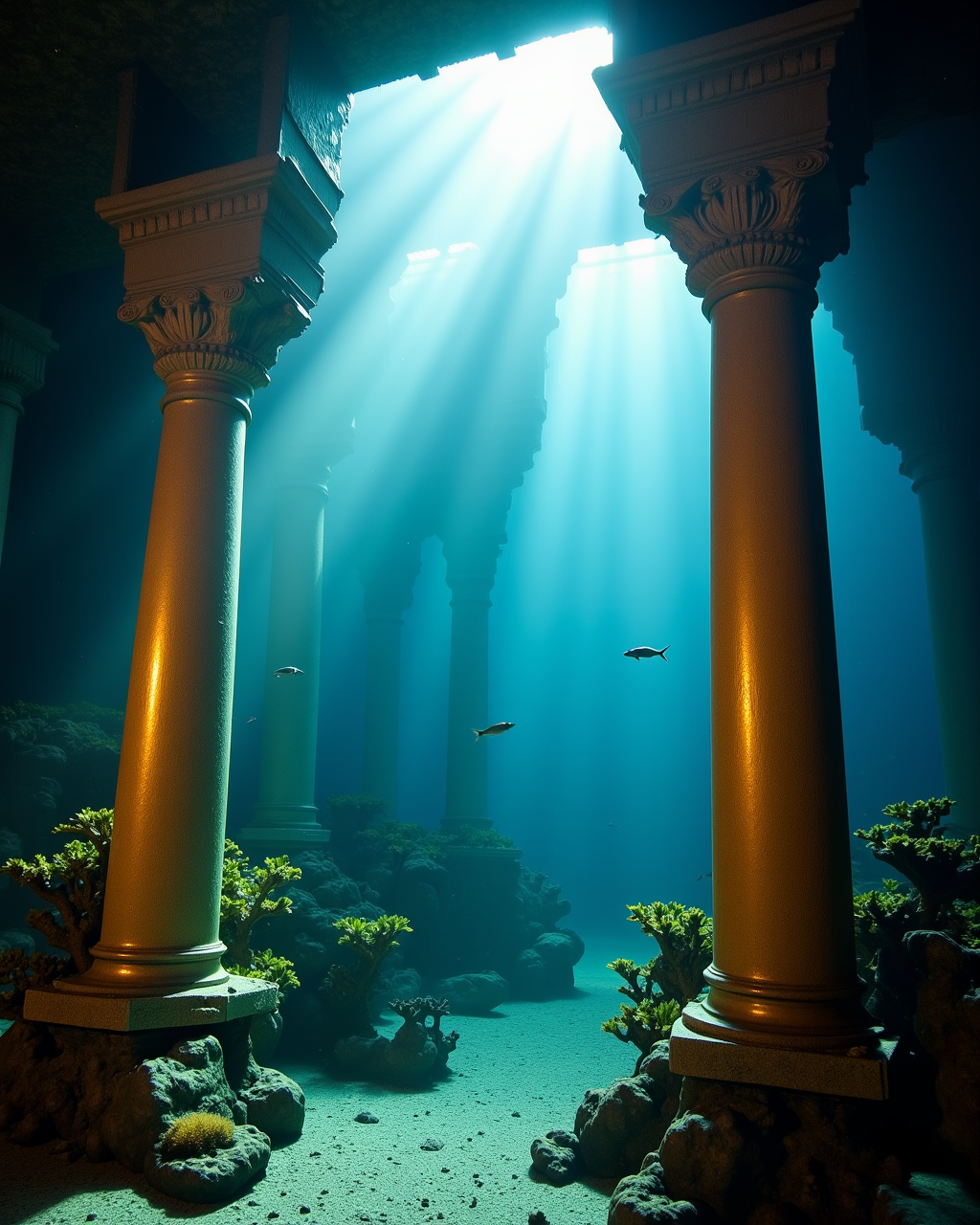 Beneath the surface — where the distinction between 'built' and 'grown' dissolves entirely An underwater temple, its columns and arches replaced with bioluminescent crystal formations